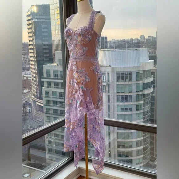 🆕 BRONX & BANCO 🧿 NWOT Eva Embroidered High-Low Midi Dress, Purple Sz M US 6 - Picture 5 of 16